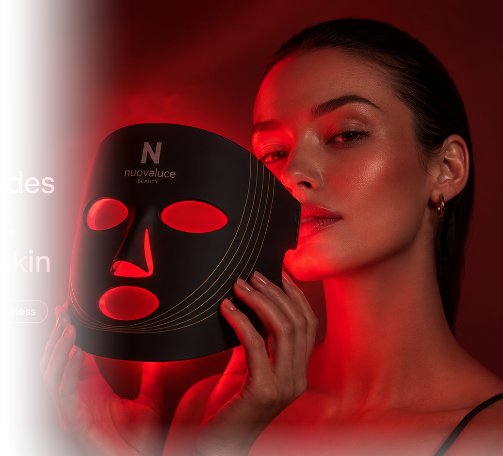 Woman holding a glowing Nuovaluce LED face mask